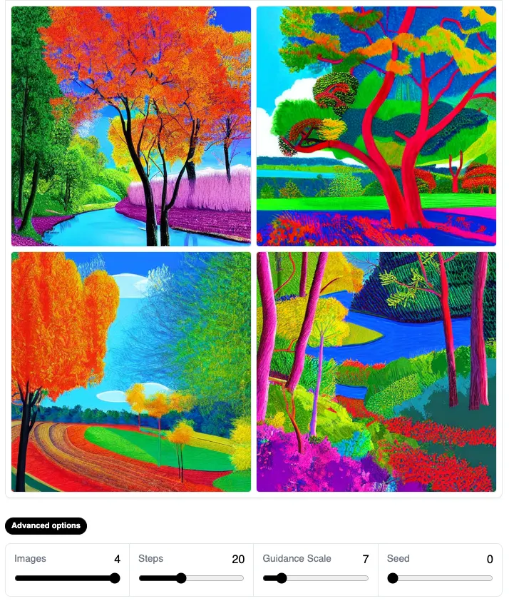 Four Stable Diffusion generations in the style of David Hockney