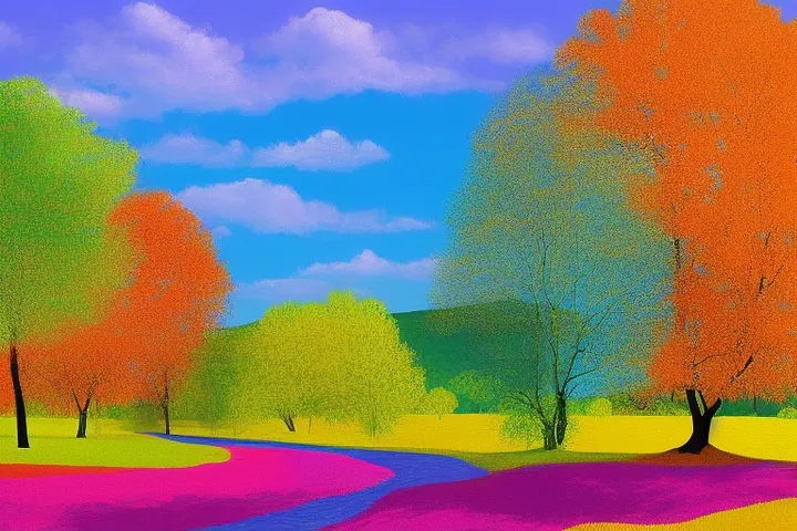 Generated Hockney-style landscape with a winding magenta path