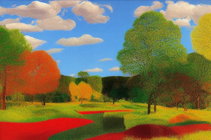 Generated Hockney-style landscape with clouds and a red winding path