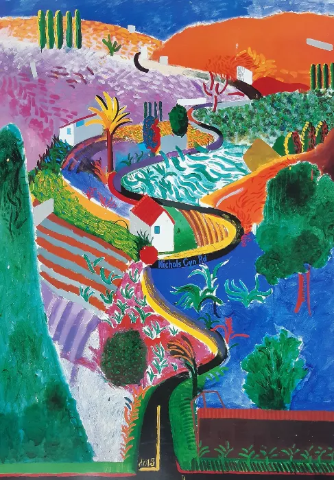 David Hockney, Nichols Canyon — a vivid, semi-abstract Californian landscape
