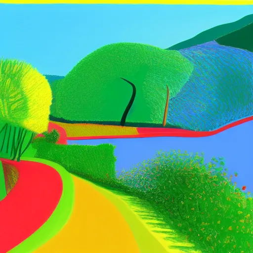 A more refined, flat Hockney-style landscape with green hills and a red road