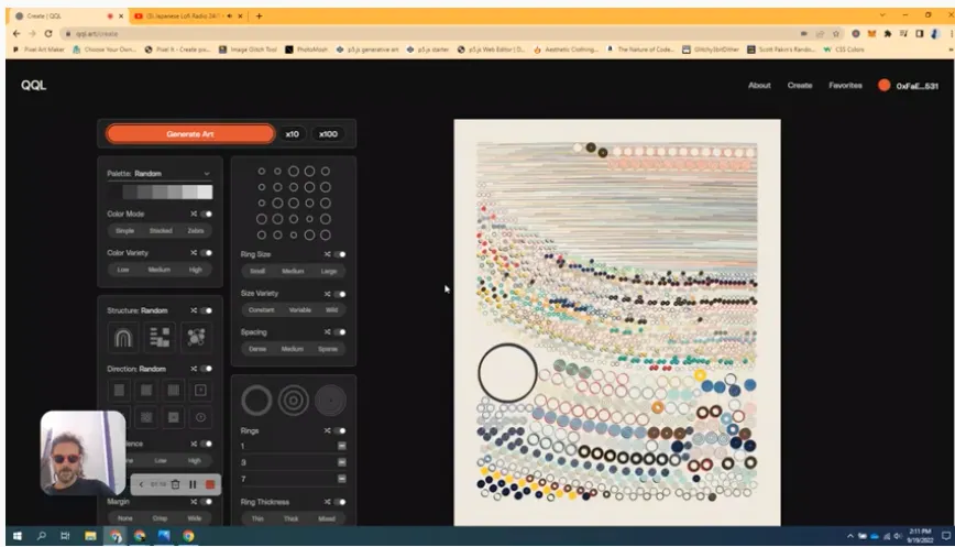 The QQL.art Create dashboard with palette, structure and ring controls