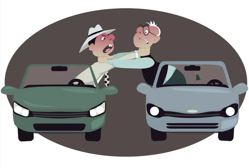 Two drivers leaning out of their cars to grab each other